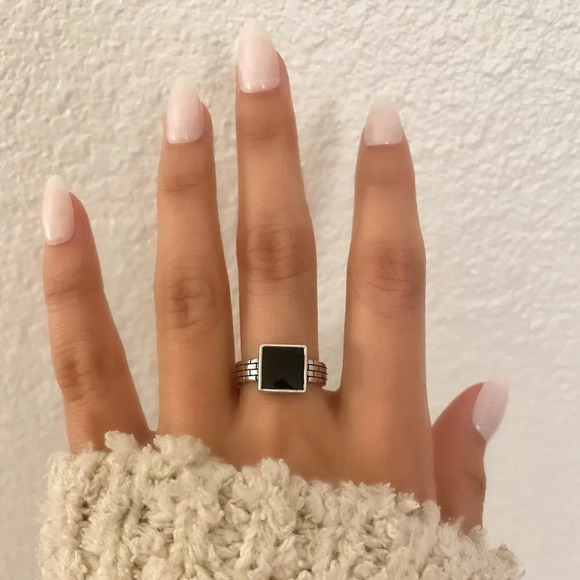 925 Sterling Silver Dainty Black Square Ring Minimalist Stackable Ring - Picture 2 of 6